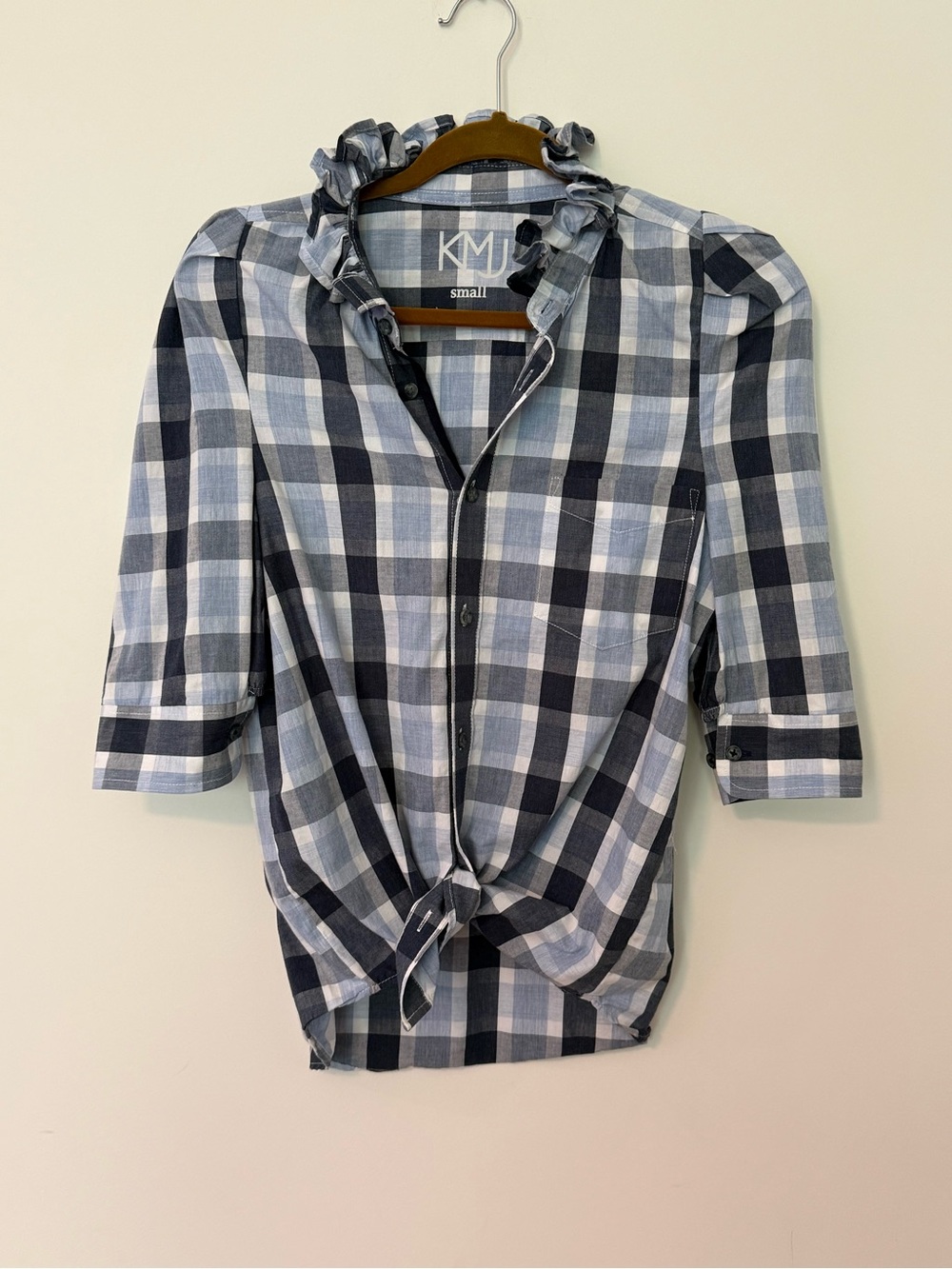 KMJ Ruffle Collar Plaid Button-Up Shirt in Blue and White | Bontina | Size Large